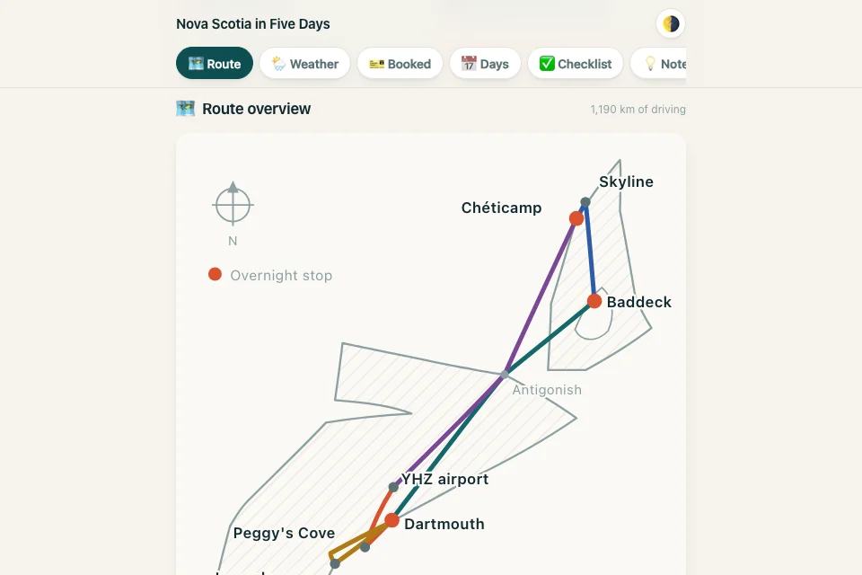 Nova Scotia travel handbook showing the route map and trip planning information.