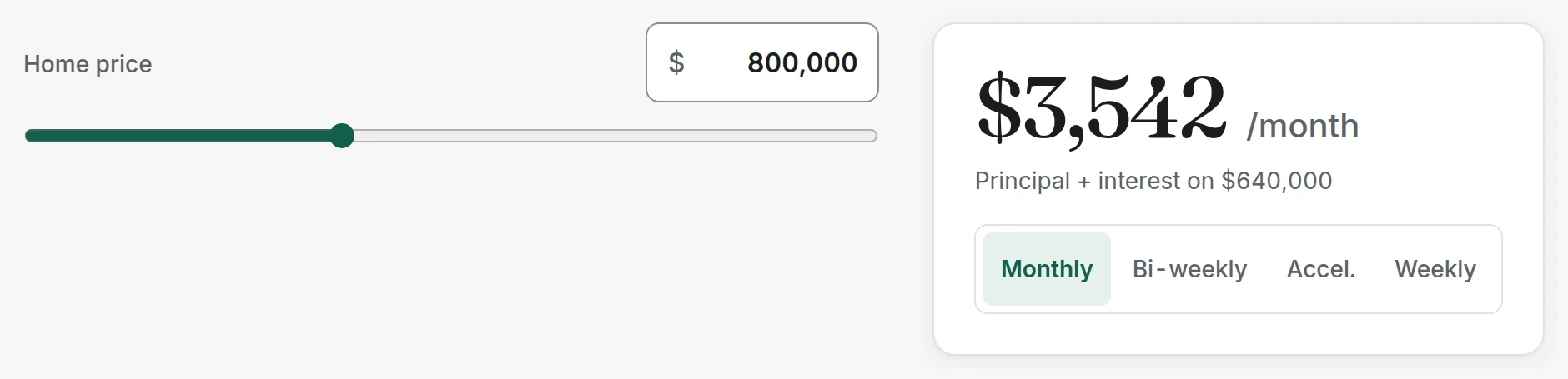 Payment of $3,542 per month beside the home price slider at $800,000.